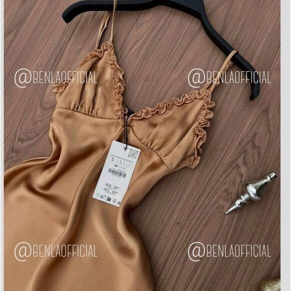 NWT ZARA CONTRASTING RUFFLES SATIN EFFECT DRESS gold/ champagne color - Picture 5 of 15